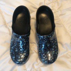 Dansko clogs- blue marbled patent leather